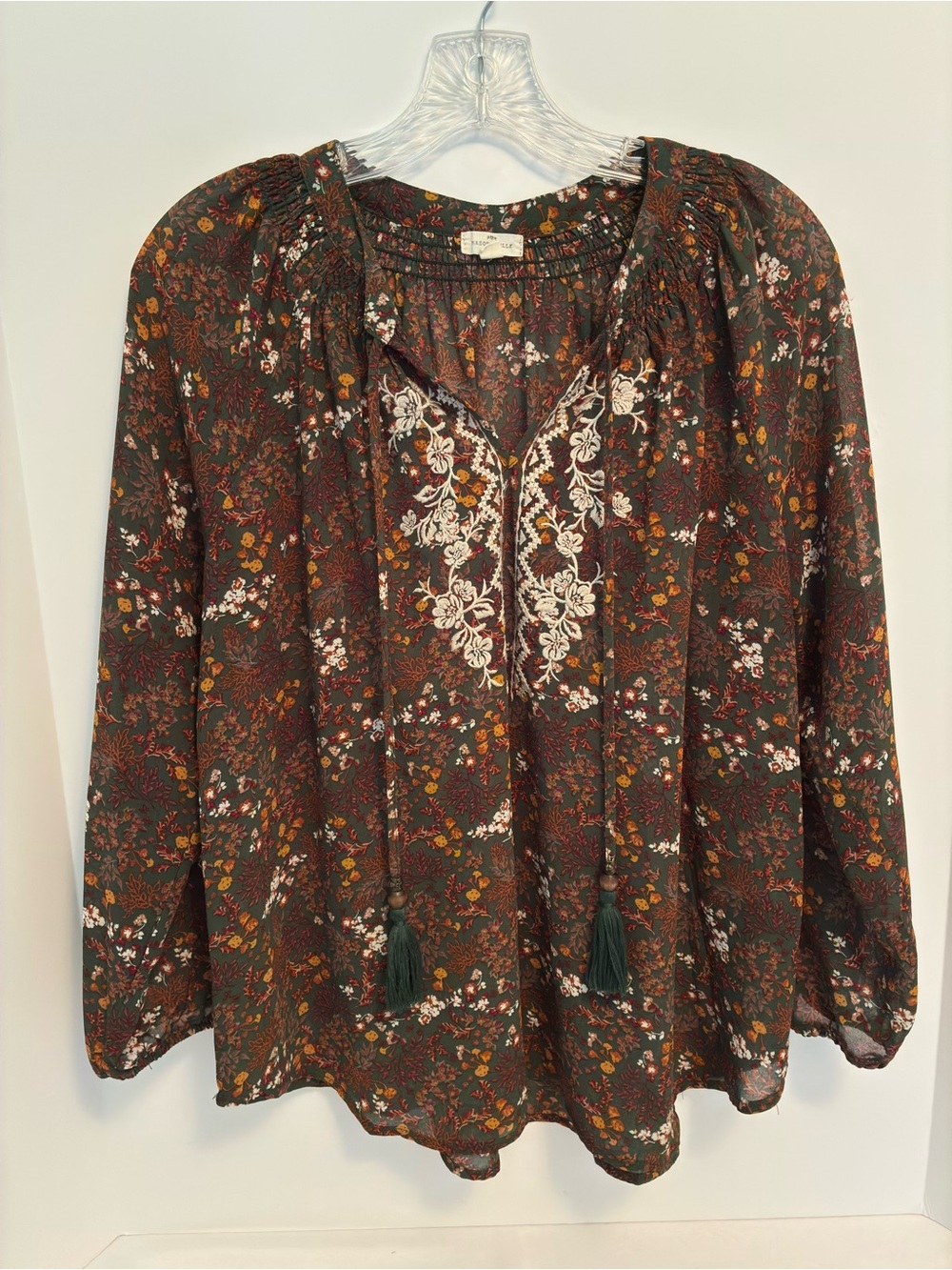 Mason & Belle Long Sleeve Embroidered Tie Detail Peasant Blouse Size L